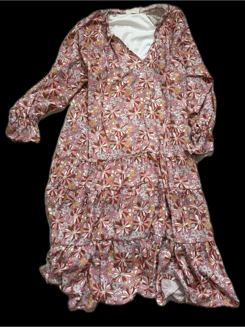 Pink Floral Tiered Midi Dress with V-Neck